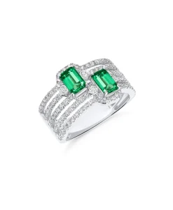Anillo Ancho con Esmeraldas 1,24 cts y Diamantes de Oro Blanco