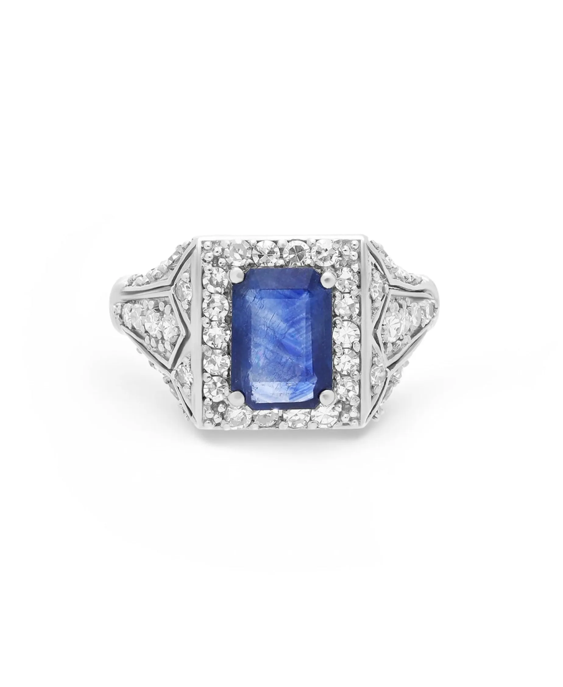 Anillo Años 50 con Zafiro Azul Natural 2,50 cts y Diamantes en Platino