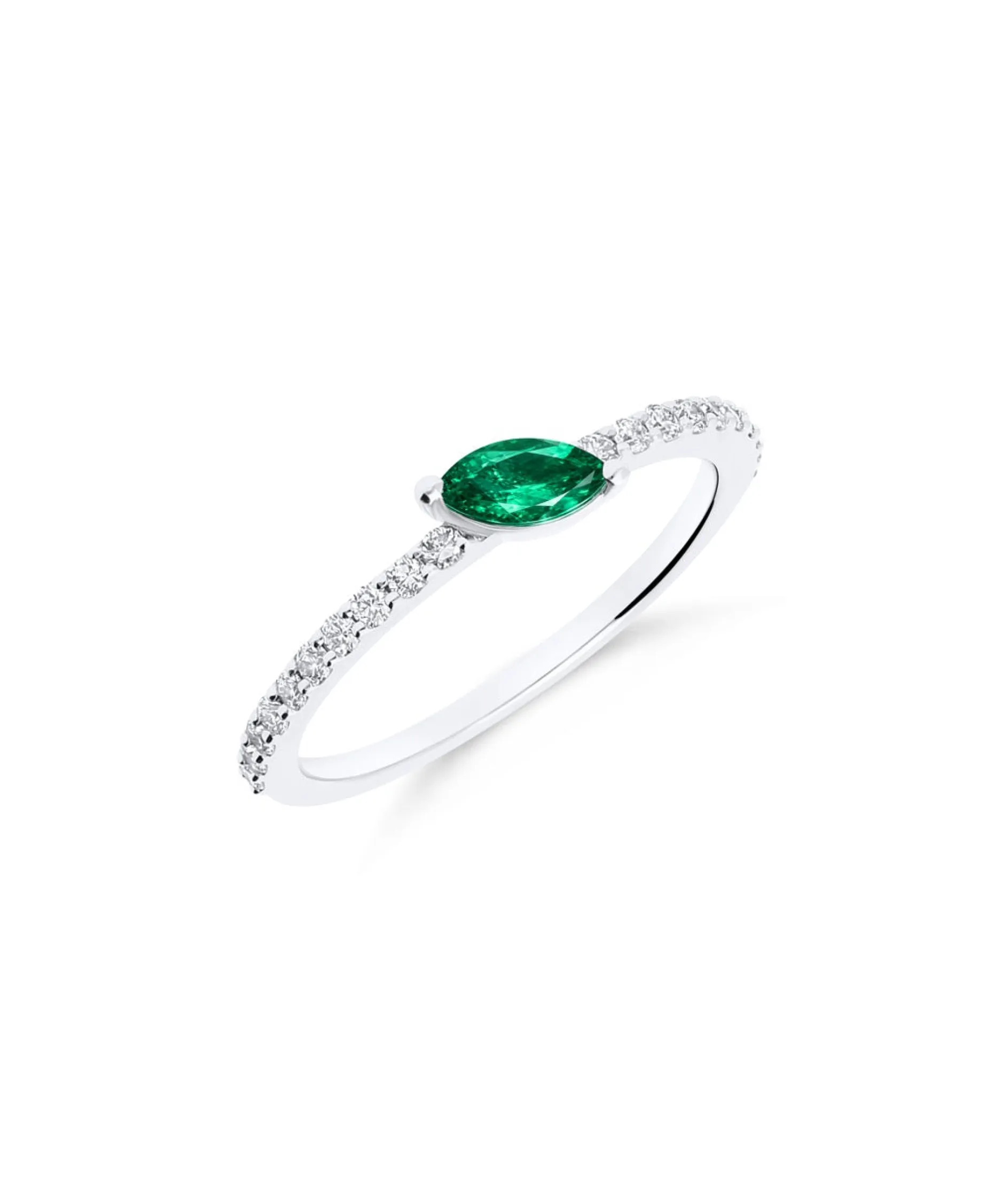 Anillo con Esmeralda Talla Marquise y Diamantes en Oro Blanco