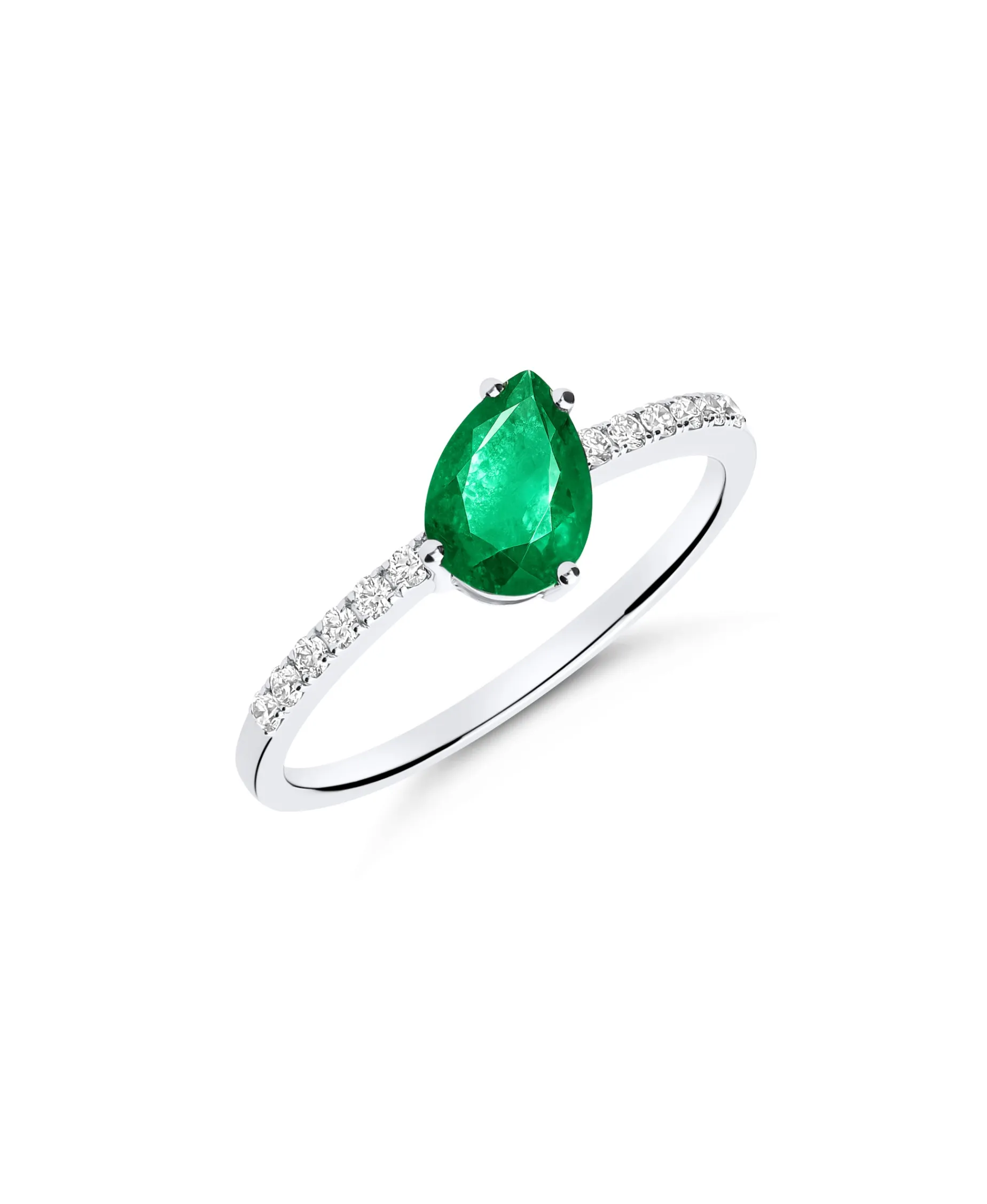 Anillo con Esmeralda Talla Pera y Diamantes en Oro Blanco