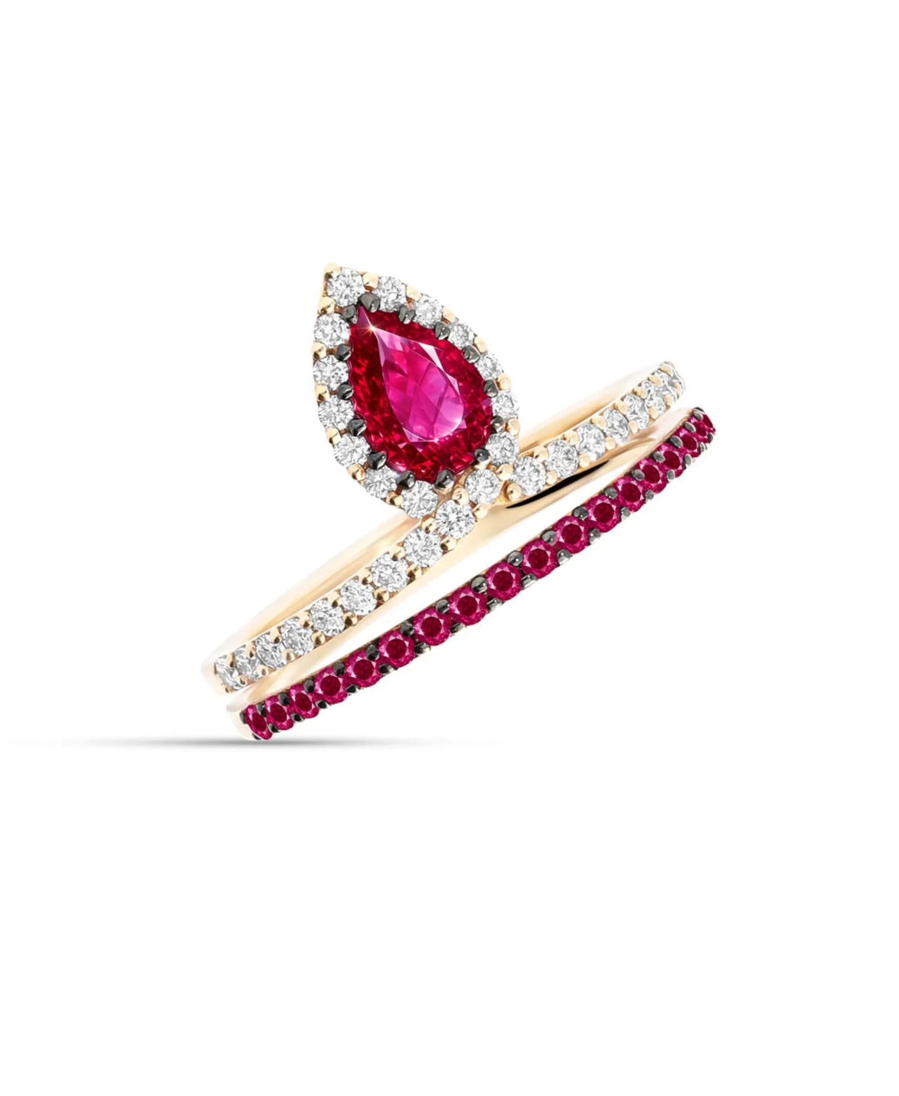 Anillo Cruzado con Rubí Talla Pera y Diamantes en Oro Rosa
