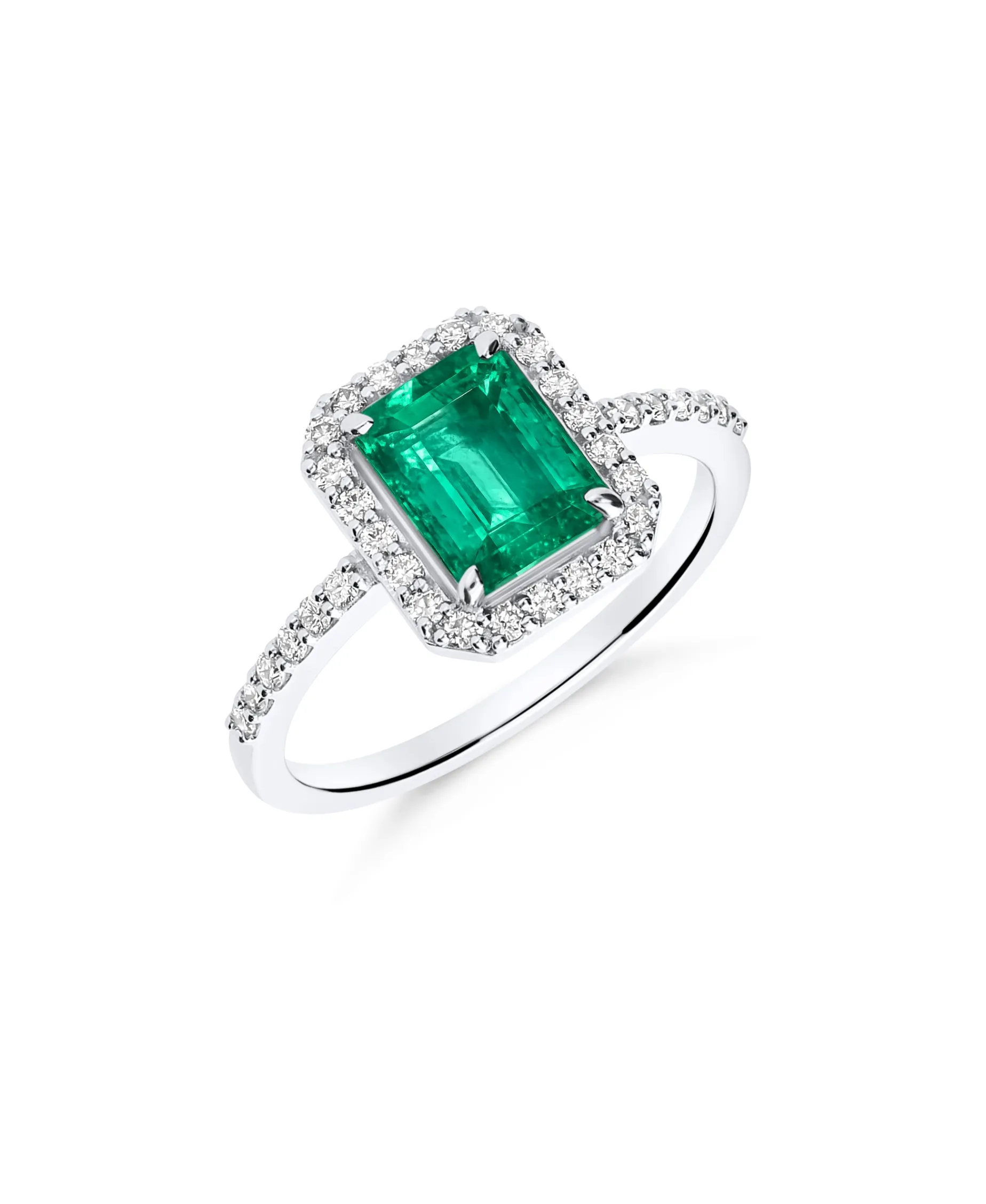 Anillo de Compromiso con Esmeralda HRD 1,29 cts y Diamantes en Oro Blanco