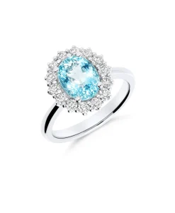 Anillo de Compromiso con Roseta de Aguamarina Talla Oval 1,58 cts y Diamantes en Oro Blanco 18K