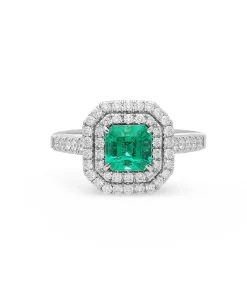 Anillo Esmeralda 1,12 cts con Halo de Diamantes en Oro Blanco
