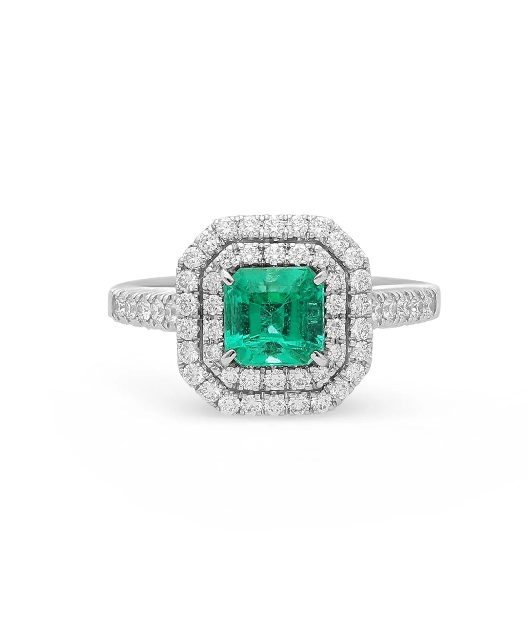 Anillo Esmeralda 1,12 cts con Halo de Diamantes en Oro Blanco