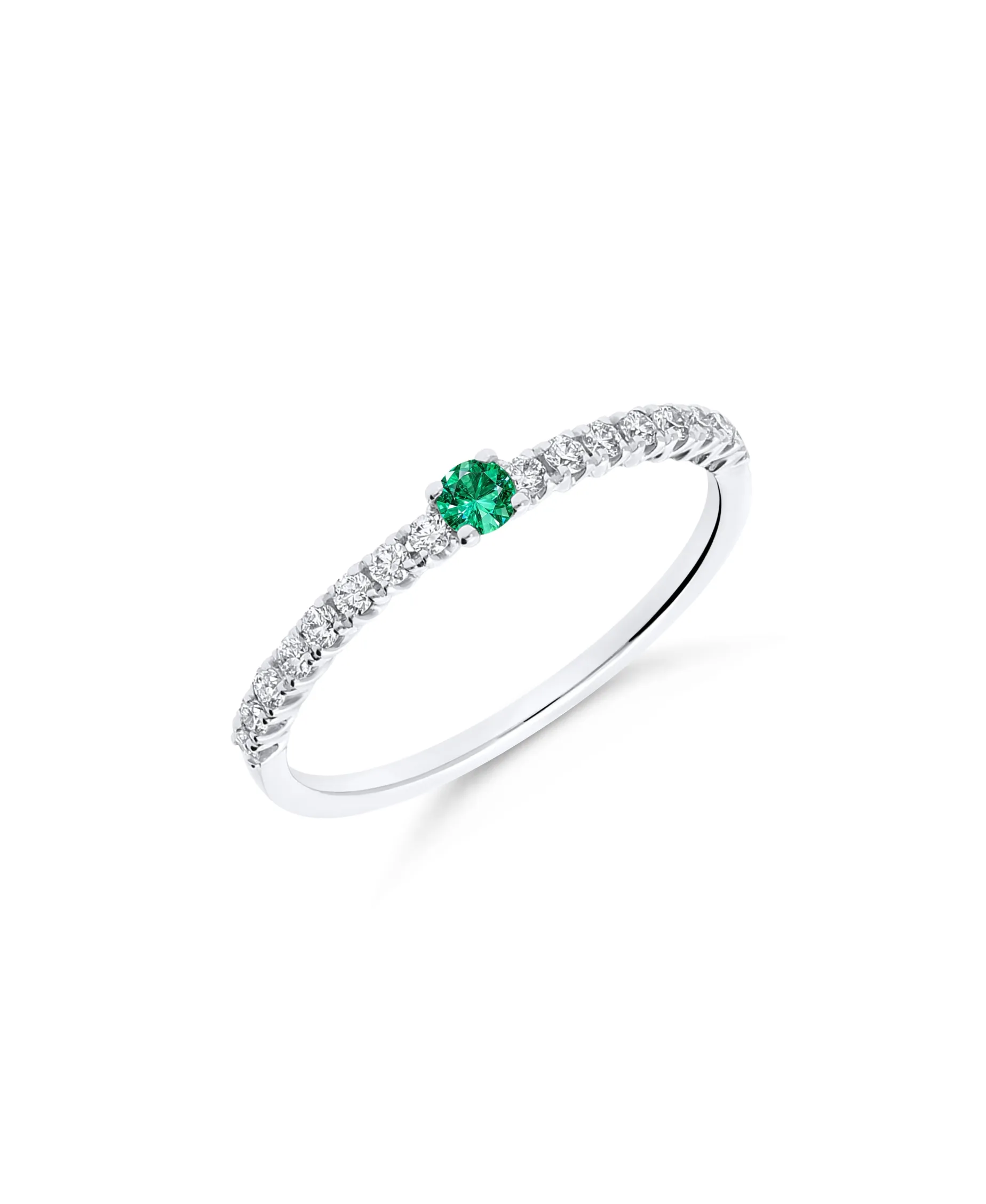 Anillo Fino con Esmeralda y Diamantes en Oro Blanco