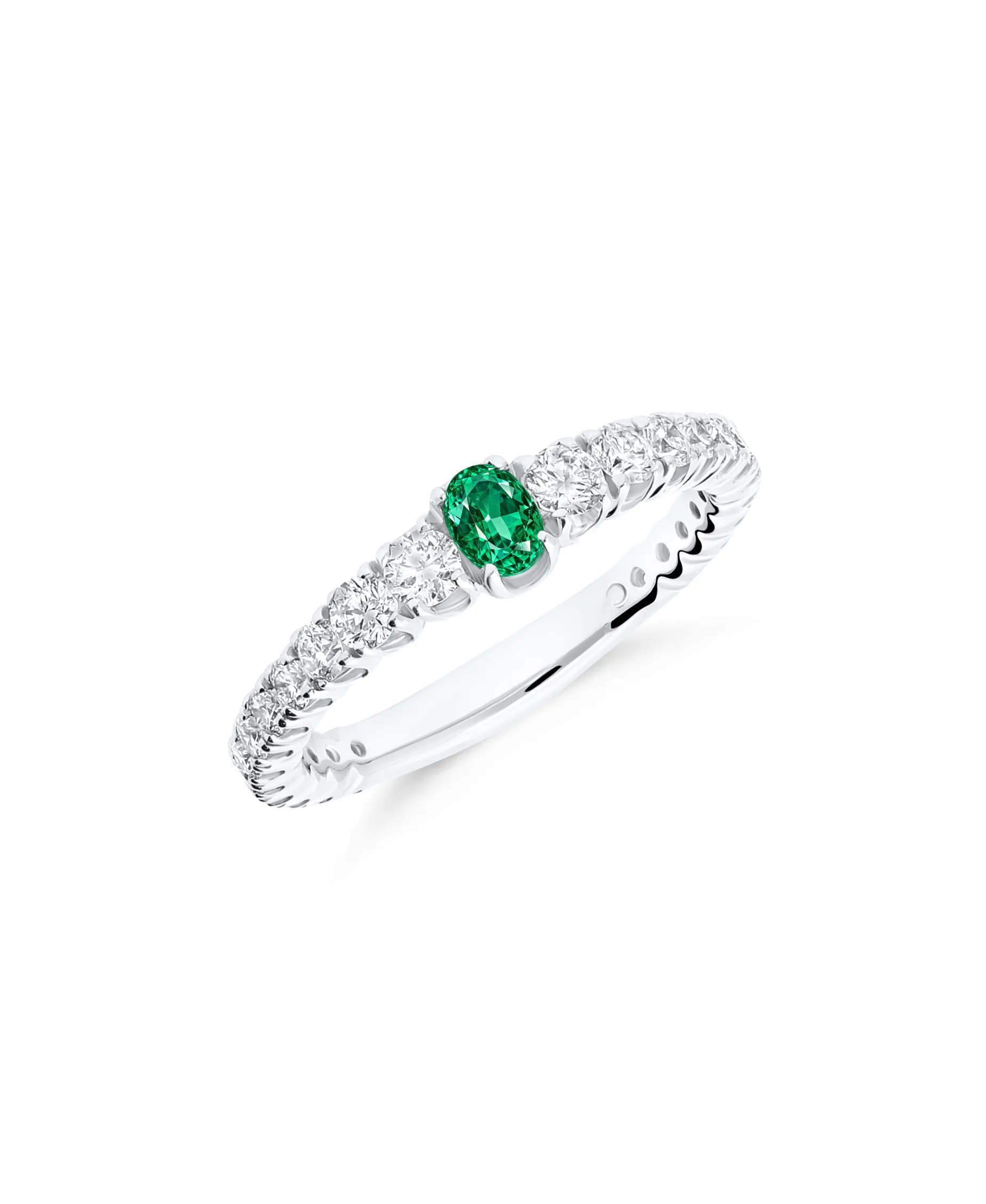 Anillo Media Alianza con Esmeralda 0,19 cts y Diamantes en Oro Blanco