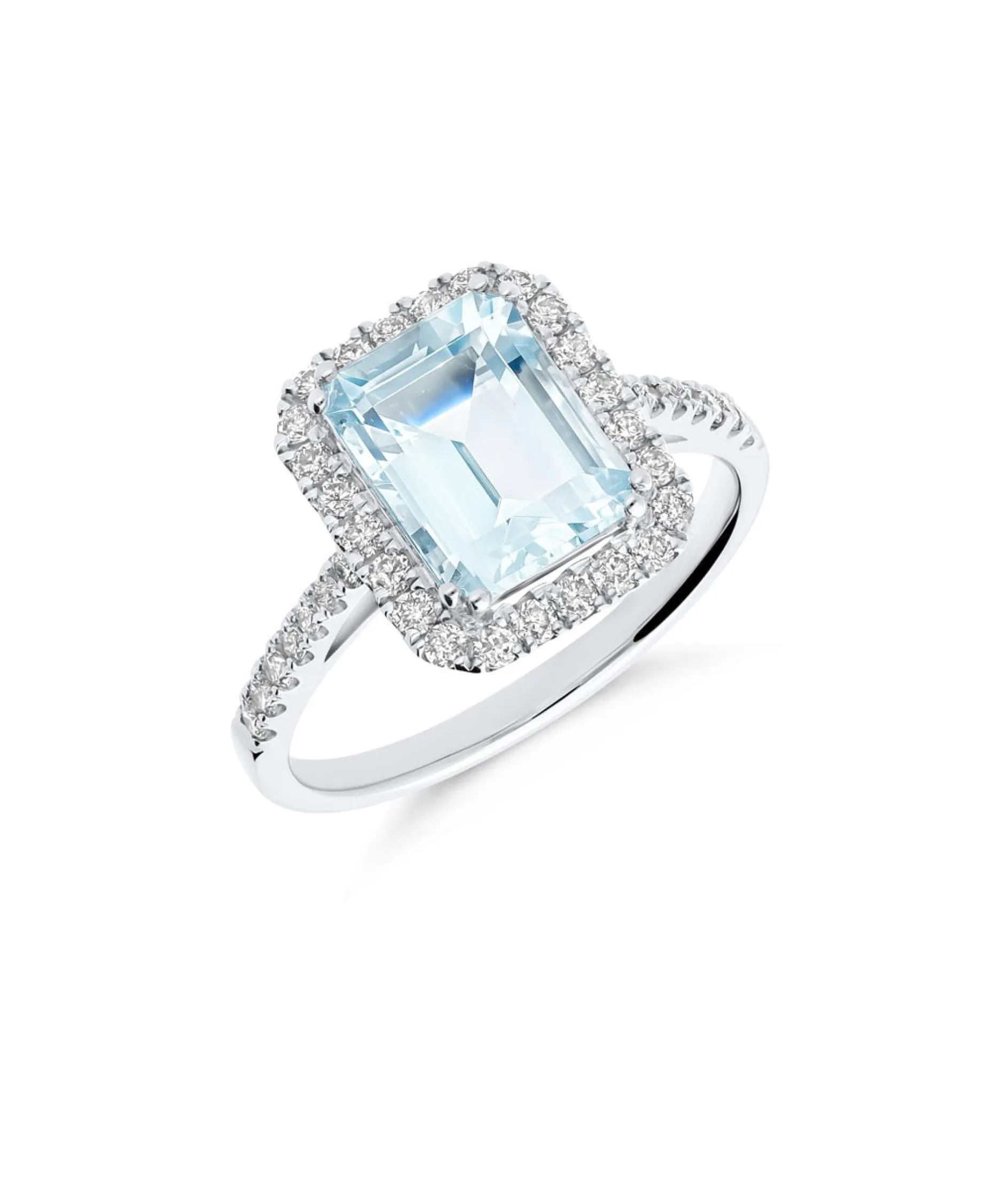 Anillo Roseta con Aguamarina Talla Esmeralda y Diamantes en Oro Blanco 18K