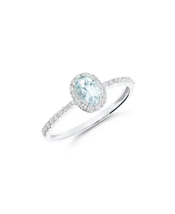 Anillo Roseta con Aguamarina Talla Oval y Diamantes en Oro Blanco 18K