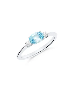 Anillo Roseta con Aguamarina Talla Oval 0,81 cts y Diamantes en Oro Blanco 18K