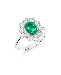 Anillo Roseta con Esmeralda Natural de 1,20 cts y Diamantes en Oro Blanco