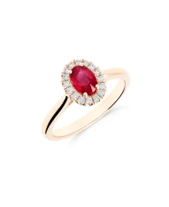 Anillo Roseta con Rubí Talla Oval y Diamantes en Oro Rosa