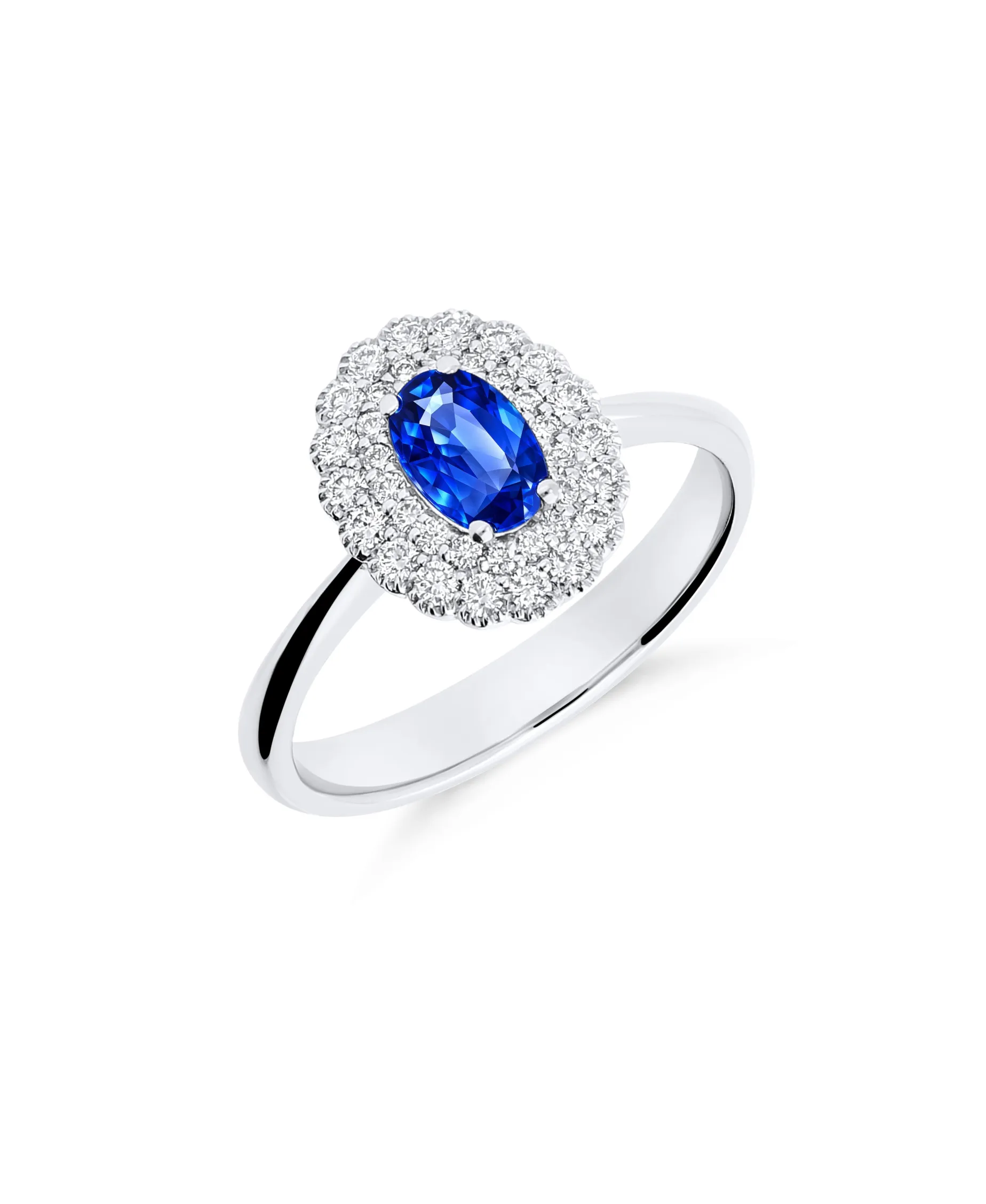 Anillo Roseta con Zafiro Talla Oval 0,70 cts y Diamantes en Oro Blanco