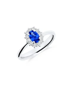 Anillo Roseta con Zafiro Talla Oval 0,40 cts y Diamantes en Oro Blanco