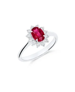 Anillo Roseta de Rubí 1,07 cts Oval y Diamantes en Oro Blanco
