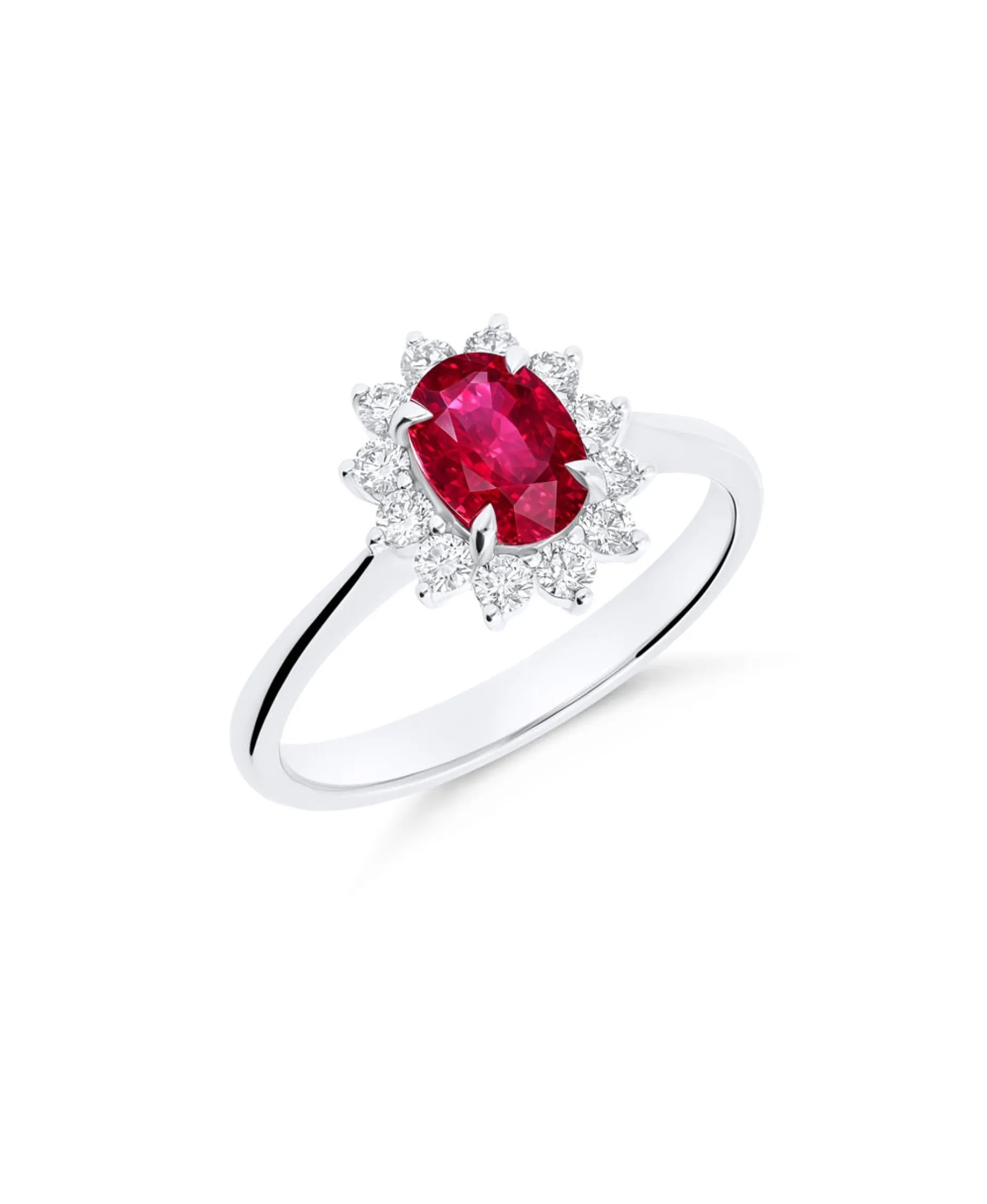 Anillo Roseta de Rubí 1,07 cts Oval y Diamantes en Oro Blanco