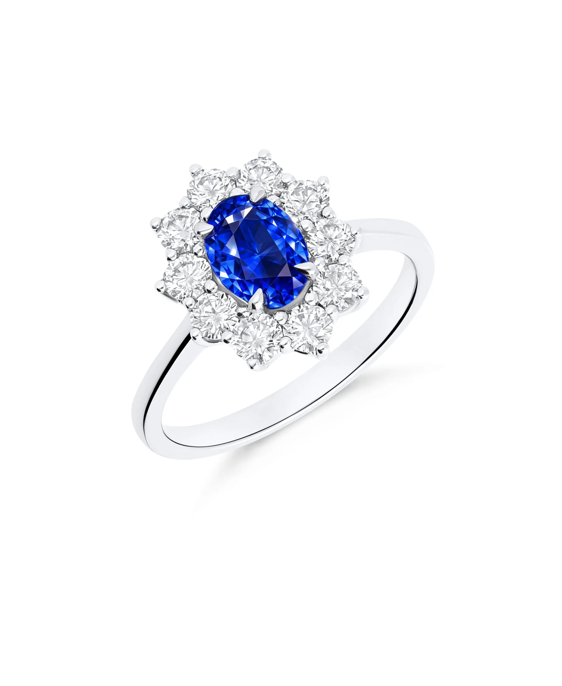 Anillo Roseta Zafiro Talla Oval 0,86 cts y Diamantes en Oro Blanco