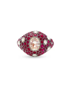 Anillo Sello con Diamante Oval 1 cts y Rubíes 2,42 cts en Oro Rosa