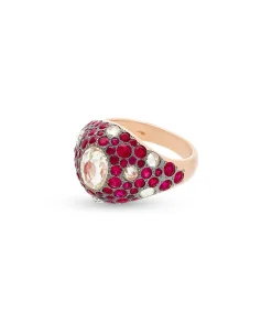 Anillo Sello con Diamante Oval 1 cts y Rubíes 2,42 cts en Oro Rosa