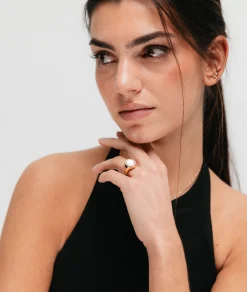 Anillo Sello con Nácar y Diamantes en Oro Amarillo