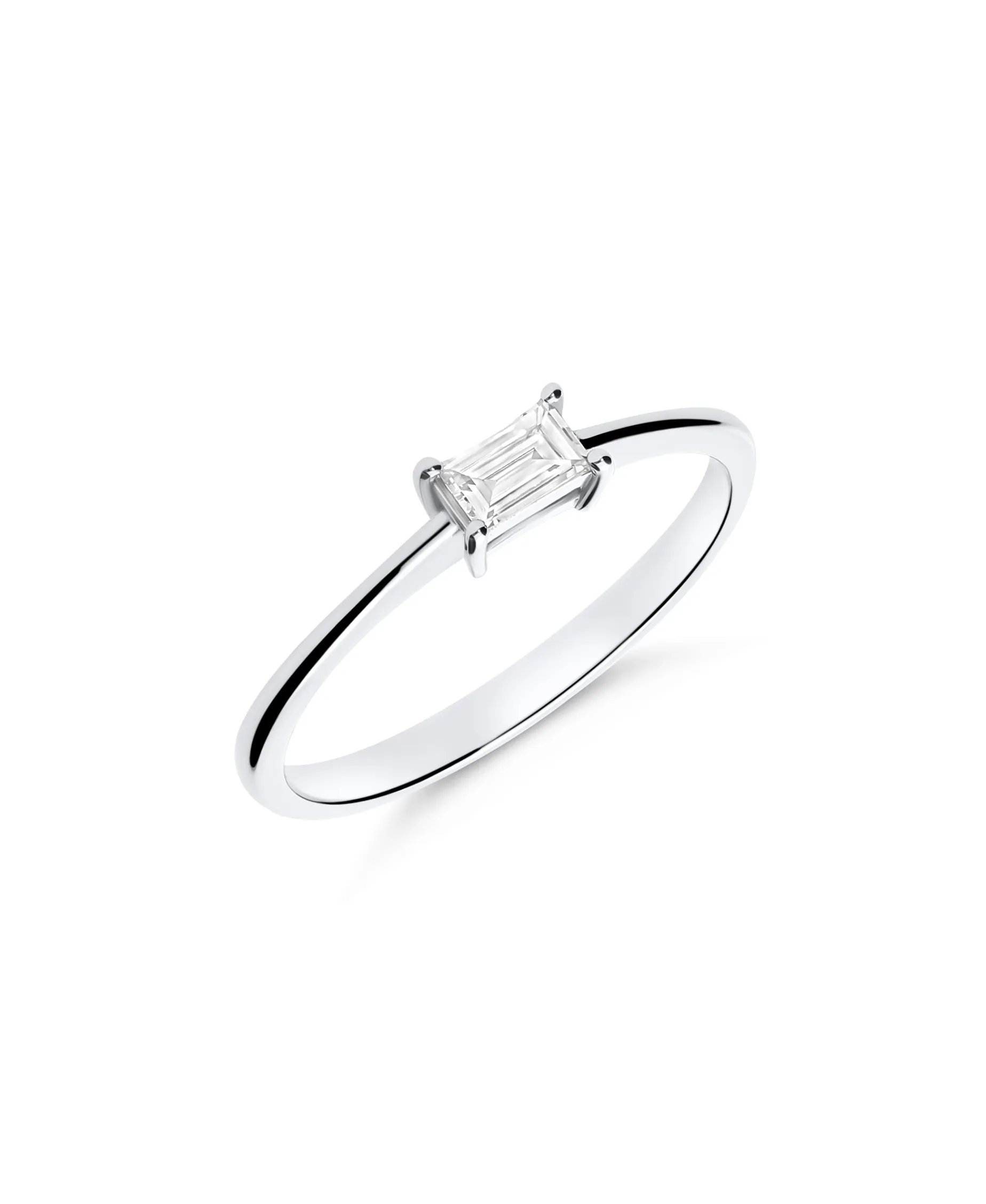 Anillo Solitario con Diamante Talla Baguette y Oro Blanco