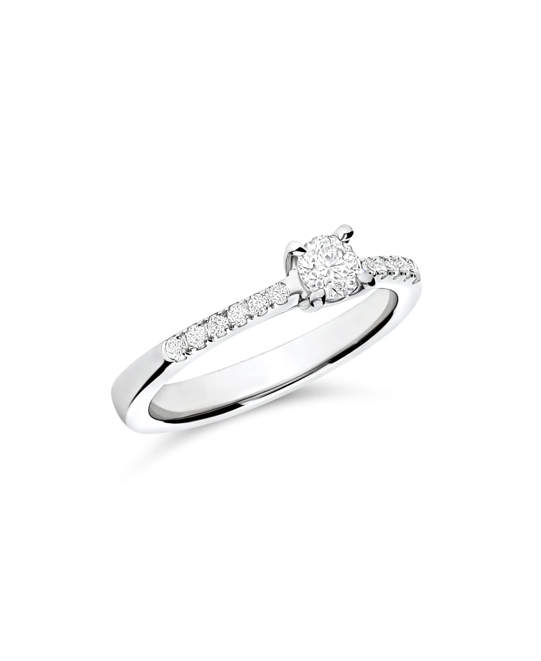 Anillo Solitario con Diamante 0,21 cts y Brazo de Diamantes en Oro Blanco