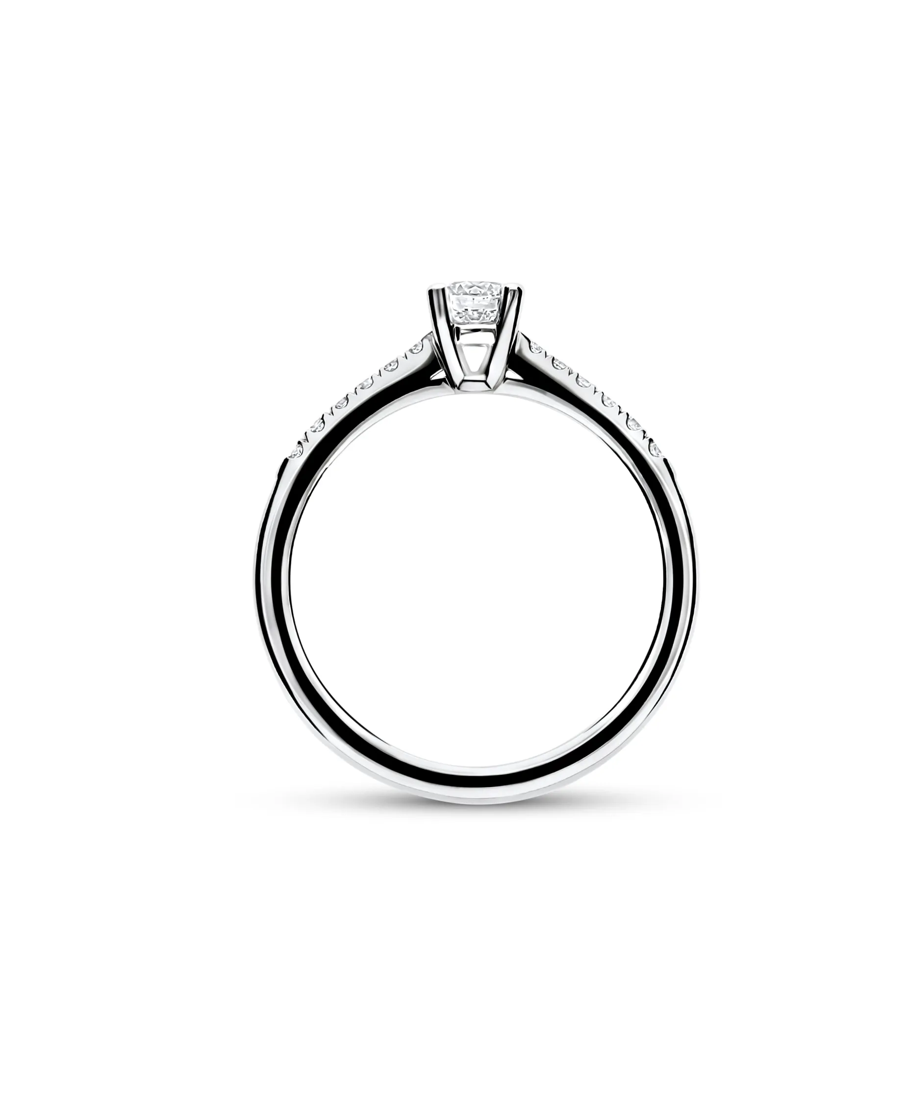 Anillo Solitario con Diamante 0,21 cts y Brazo de Diamantes en Oro Blanco