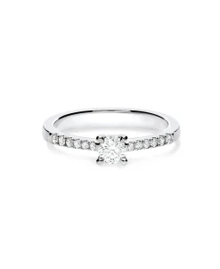Anillo Solitario con Diamante 0,21 cts y Brazo de Diamantes en Oro Blanco
