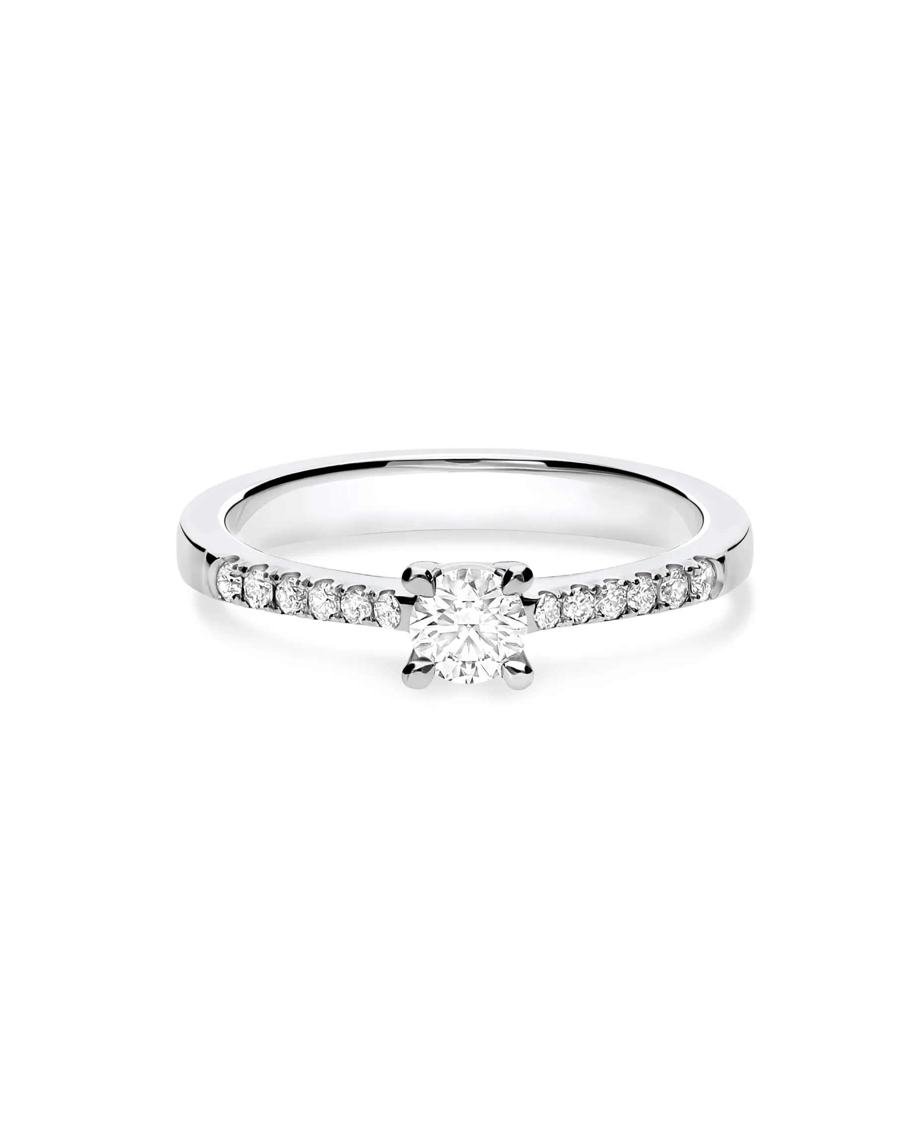 Anillo Solitario con Diamante 0,21 cts y Brazo de Diamantes en Oro Blanco