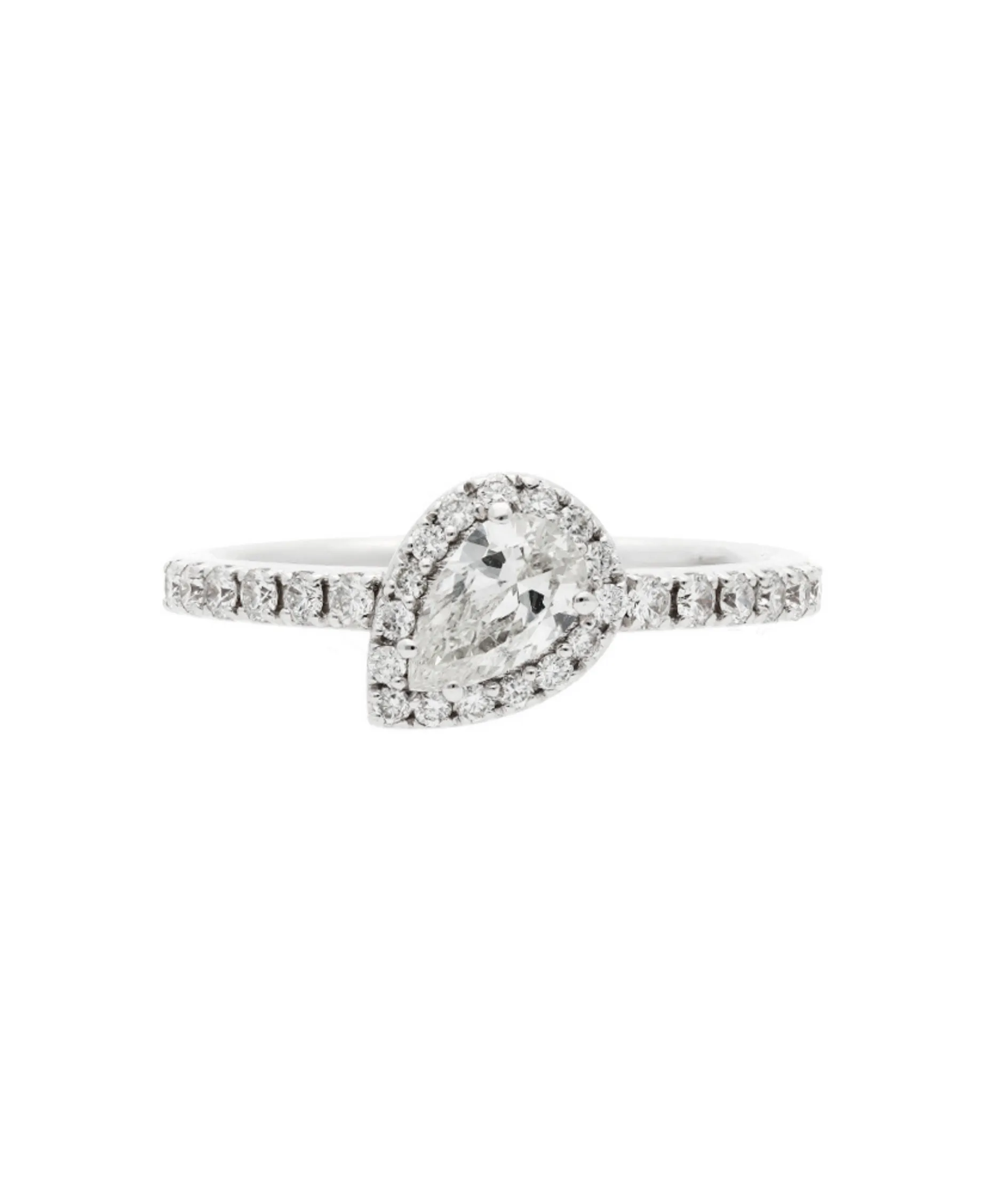 Anillo Solitario con Diamante Talla Pera y Brazo de Diamantes en Oro Blanco