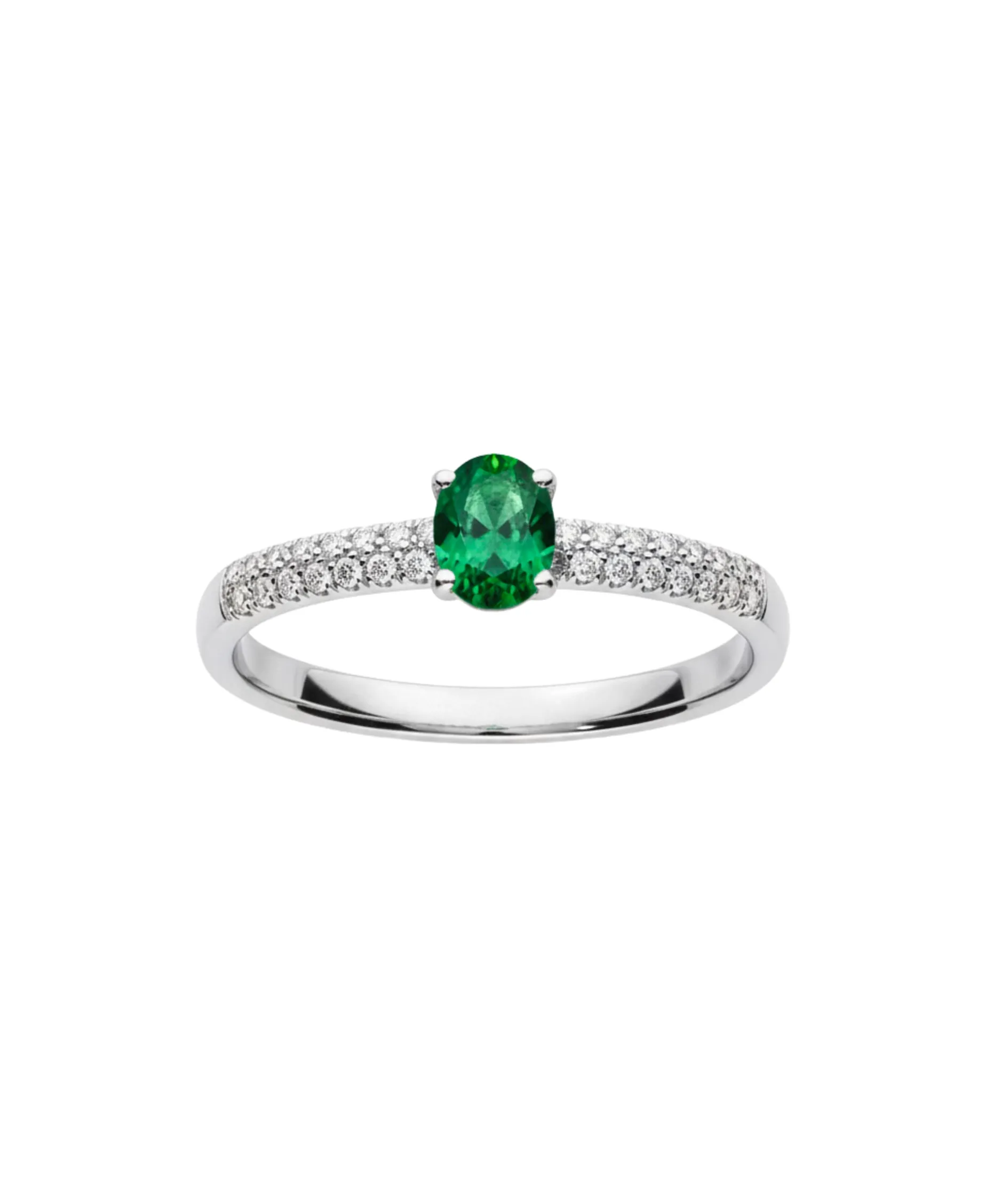 Anillo Solitario con Esmeralda Oval y Brazo de Diamantes