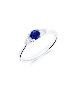 Anillo Tresillo con Zafiro y Diamantes en Oro Blanco