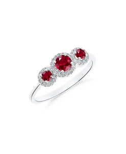 Anillo Tres Rosetas de Rubíes 0,54 cts y Diamantes en Oro Blanco