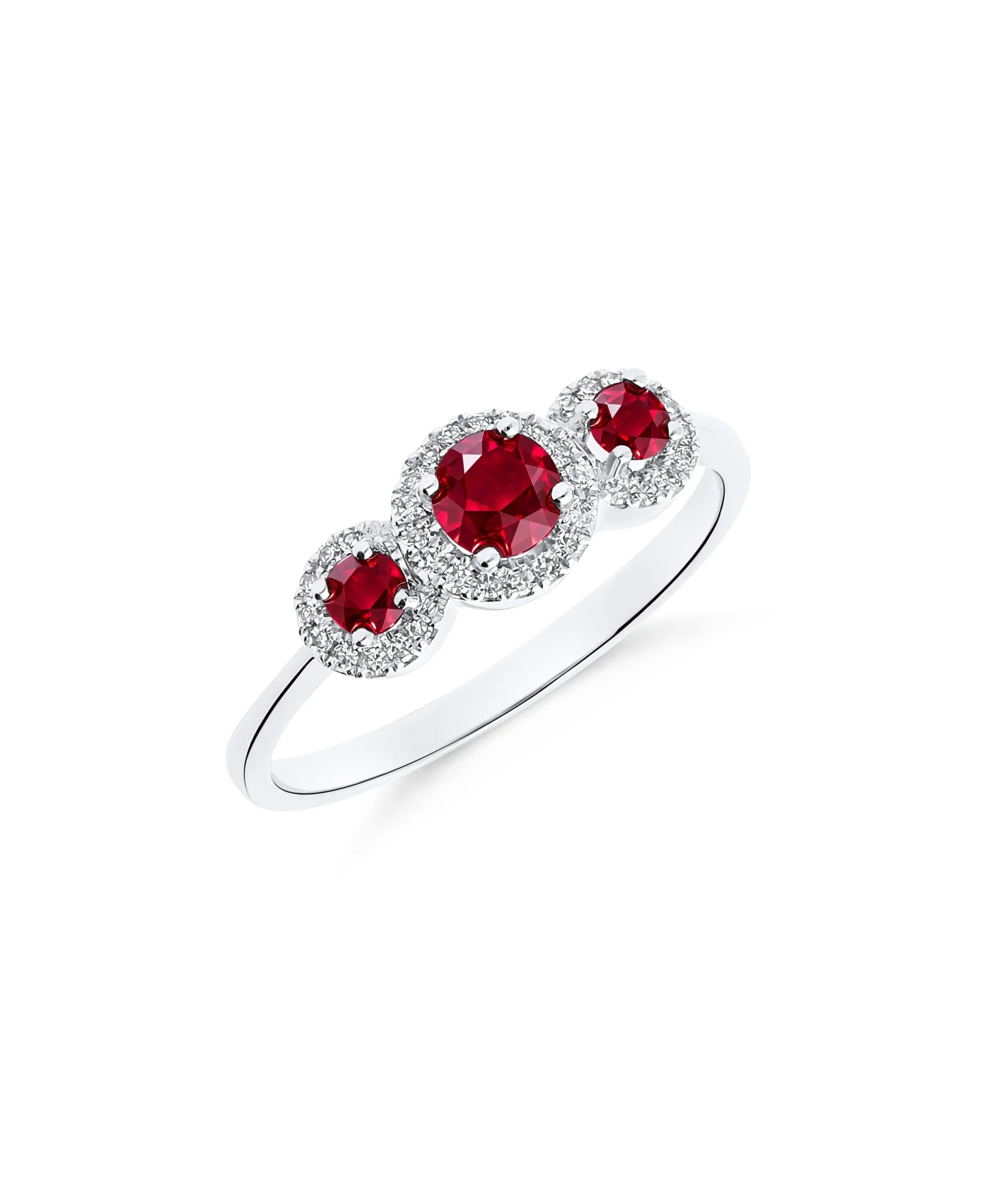 Anillo Tres Rosetas de Rubíes 0,54 cts y Diamantes en Oro Blanco
