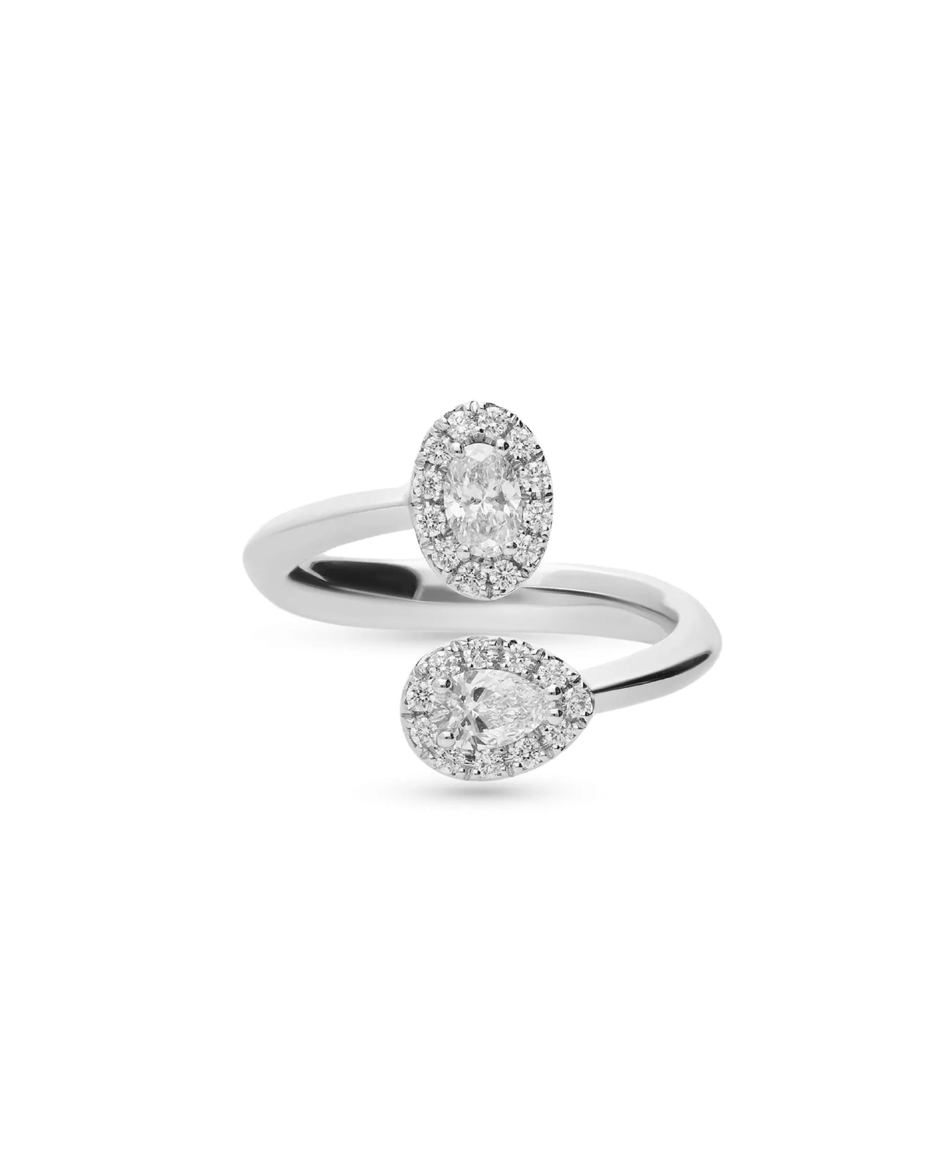 Anillo Tu y Yo con Diamantes Talla Pera y Oval con Halo en Oro Blanco