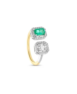 Anillo Tu y Yo con Diamantes y Esmeralda en Oro Bicolor