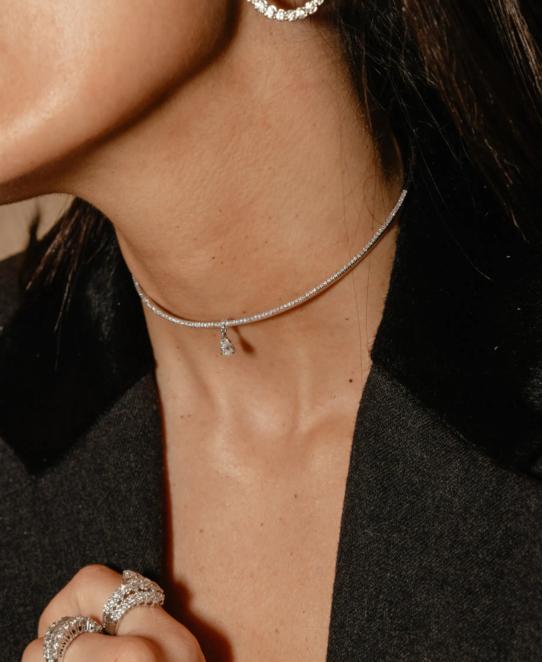 Collar Choker de Diamantes con Diamante Central 0,51 cts en Oro Blanco