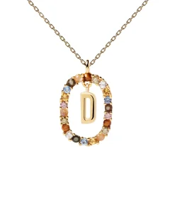 Collar PDPAOLA Letra D Plata Baño Oro y Piedra de Color | CO01-263-U