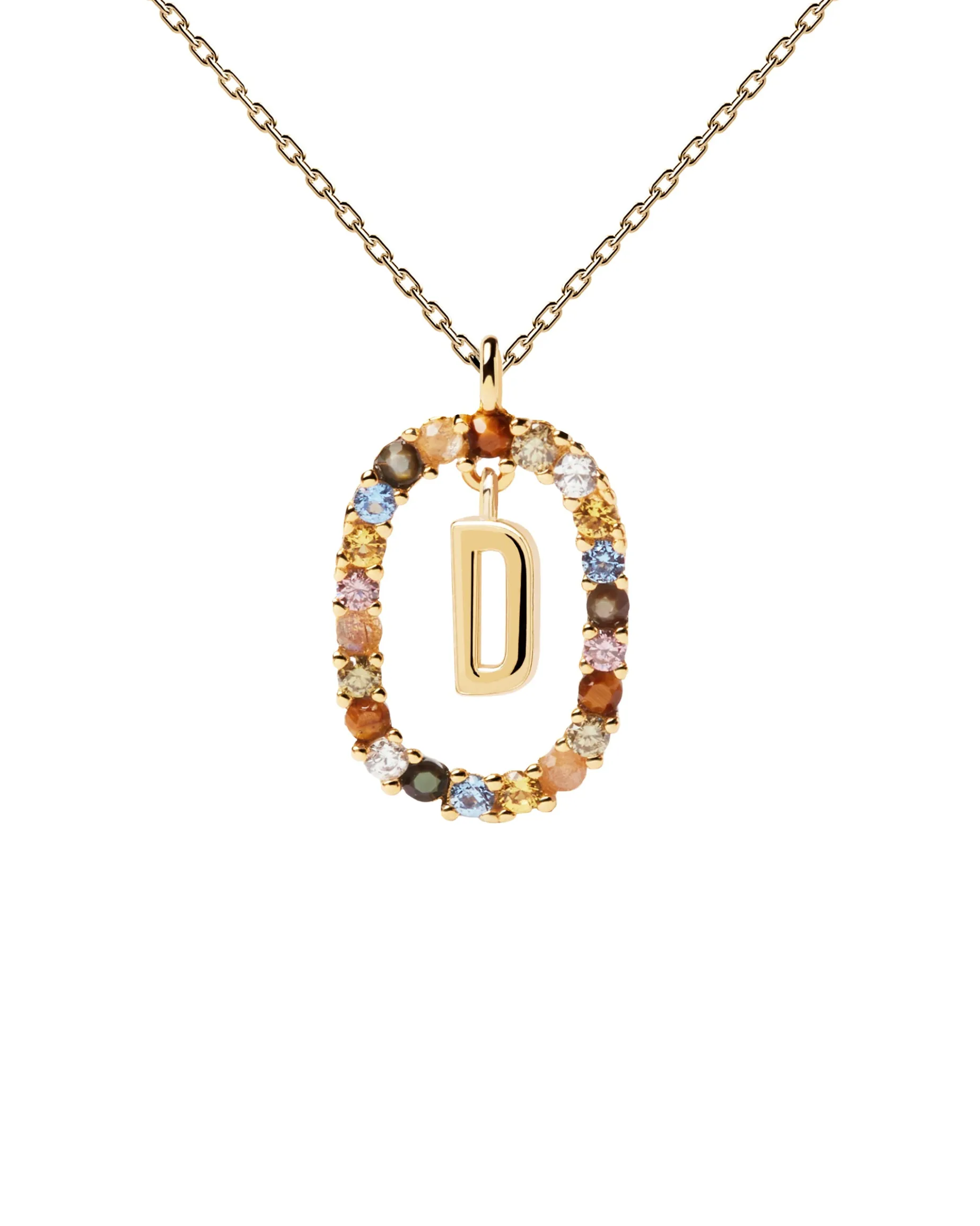 Collar PDPAOLA Letra D Plata Baño Oro y Piedra de Color | CO01-263-U