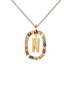 Collar PDPAOLA Letra N Plata Baño Oro y Piedra de Color | CO01-273-U