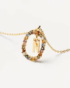 Collar PDPAOLA Letra N Plata Baño Oro y Piedra de Color | CO01-273-U