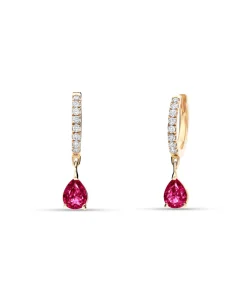 Pendientes Aro con Rubí Talla Pera y Diamantes en Oro Amarillo