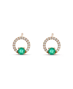 Pendientes Botón de Oro Rosa con Esmeralda y Diamantes