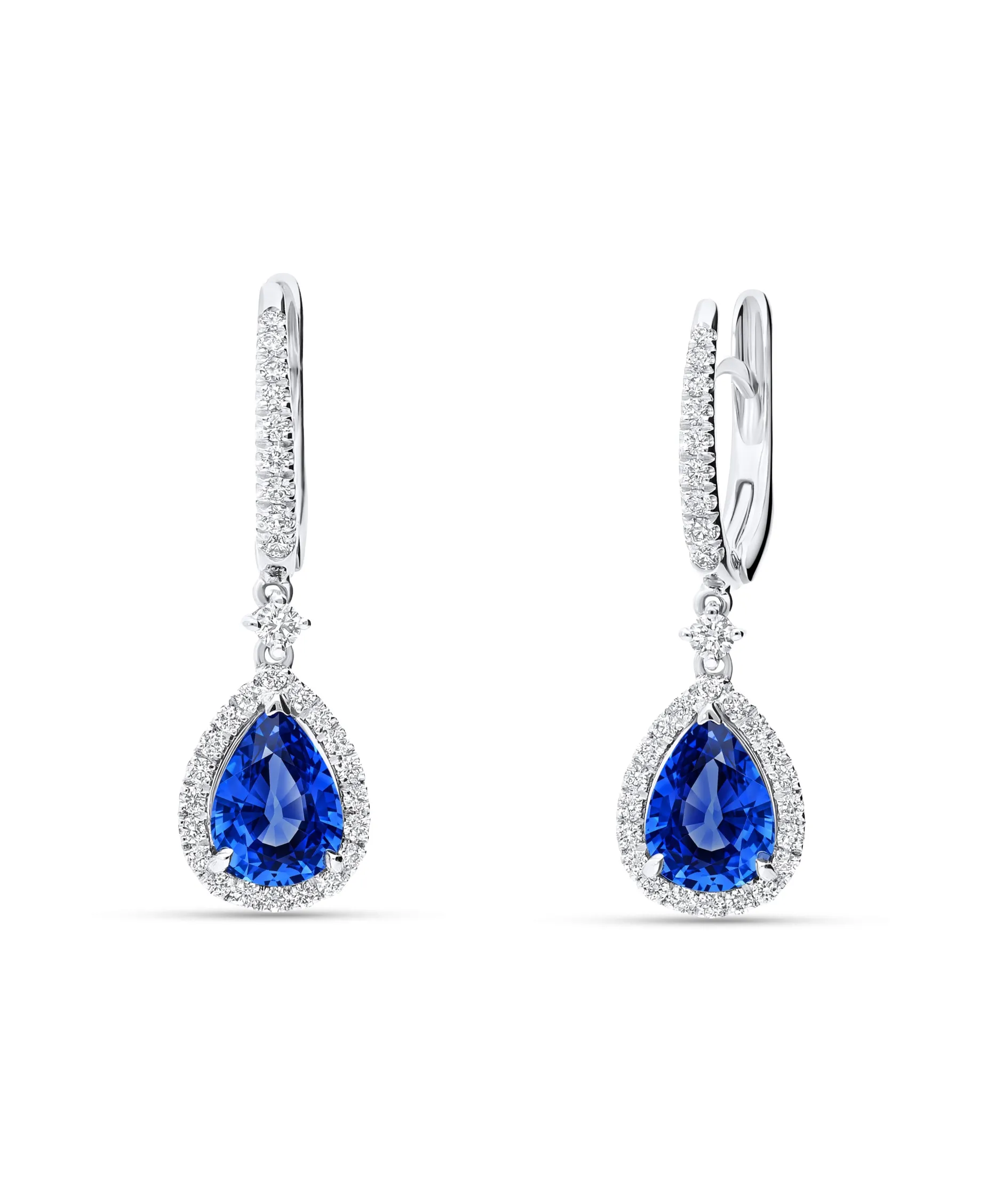 Pendientes Colgantes con Zafiros Talla Pera 2,50 cts y Diamantes en Oro Blanco