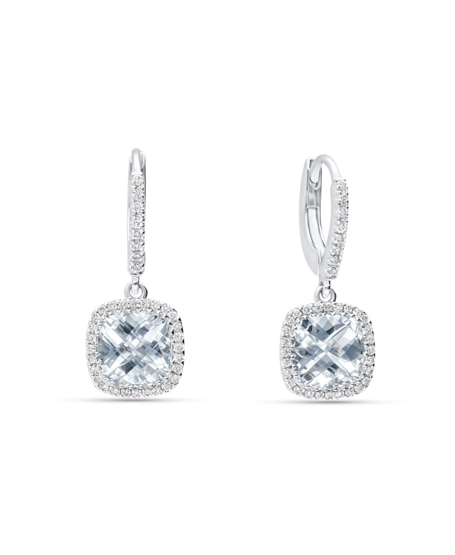 Pendientes con Aguamarinas 2.14 cts y Halo de Diamantes en Oro Blanco
