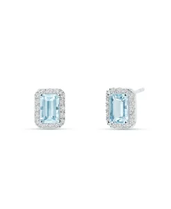 Pendientes de Colgar con Aguamarinas Talla Esmeralda 1,09 cts y Diamantes en Oro Blanco 18K