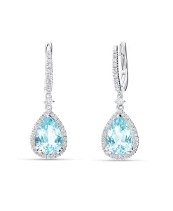 Pendientes de Colgar con Aguamarina Talla Pera 3,40 cts y Diamantes en Oro Blanco 18K