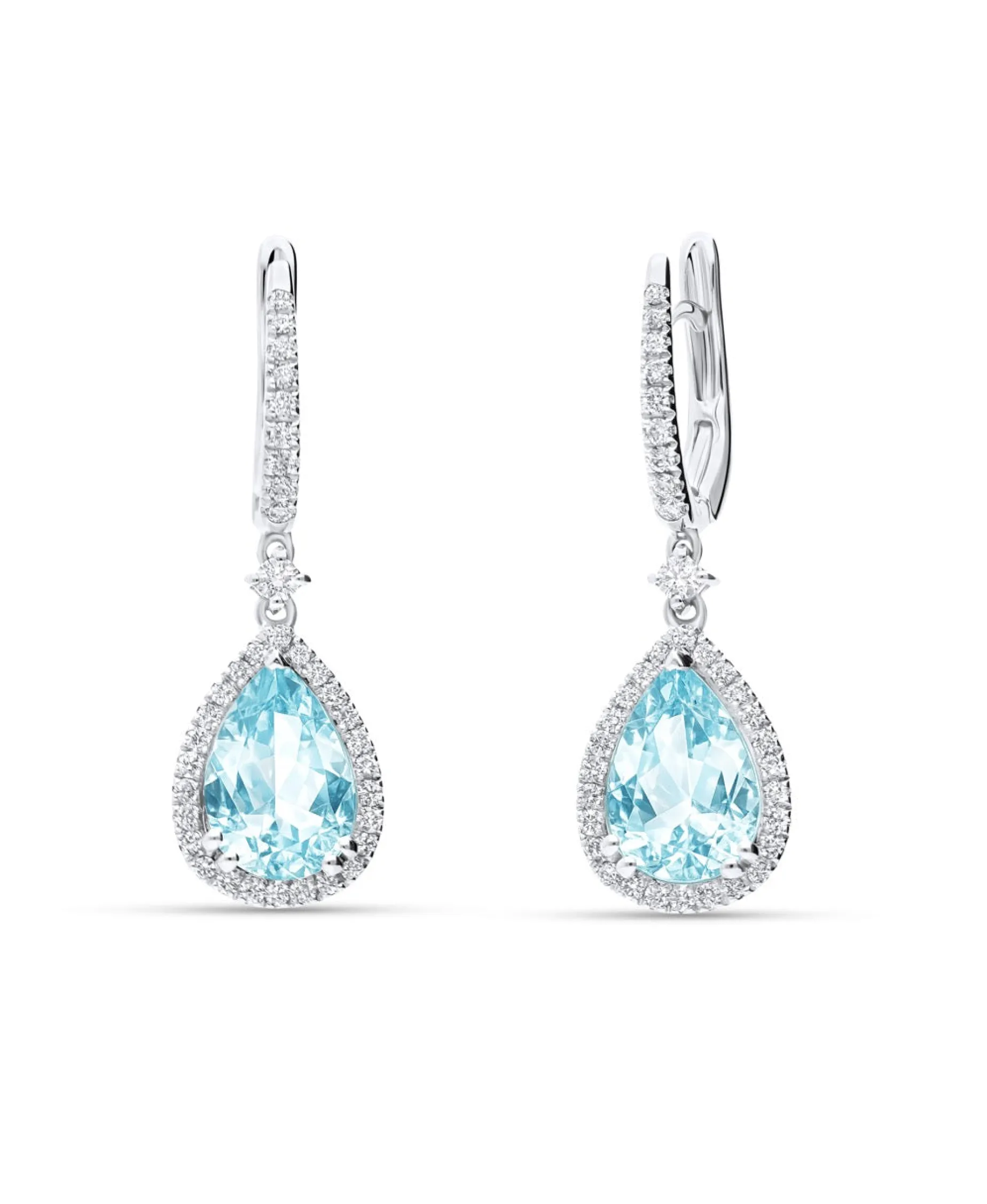 Pendientes de Colgar con Aguamarina Talla Pera 3,40 cts y Diamantes en Oro Blanco 18K