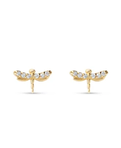 Pendientes Infantiles Libélula con Circonitas en Oro Amarillo