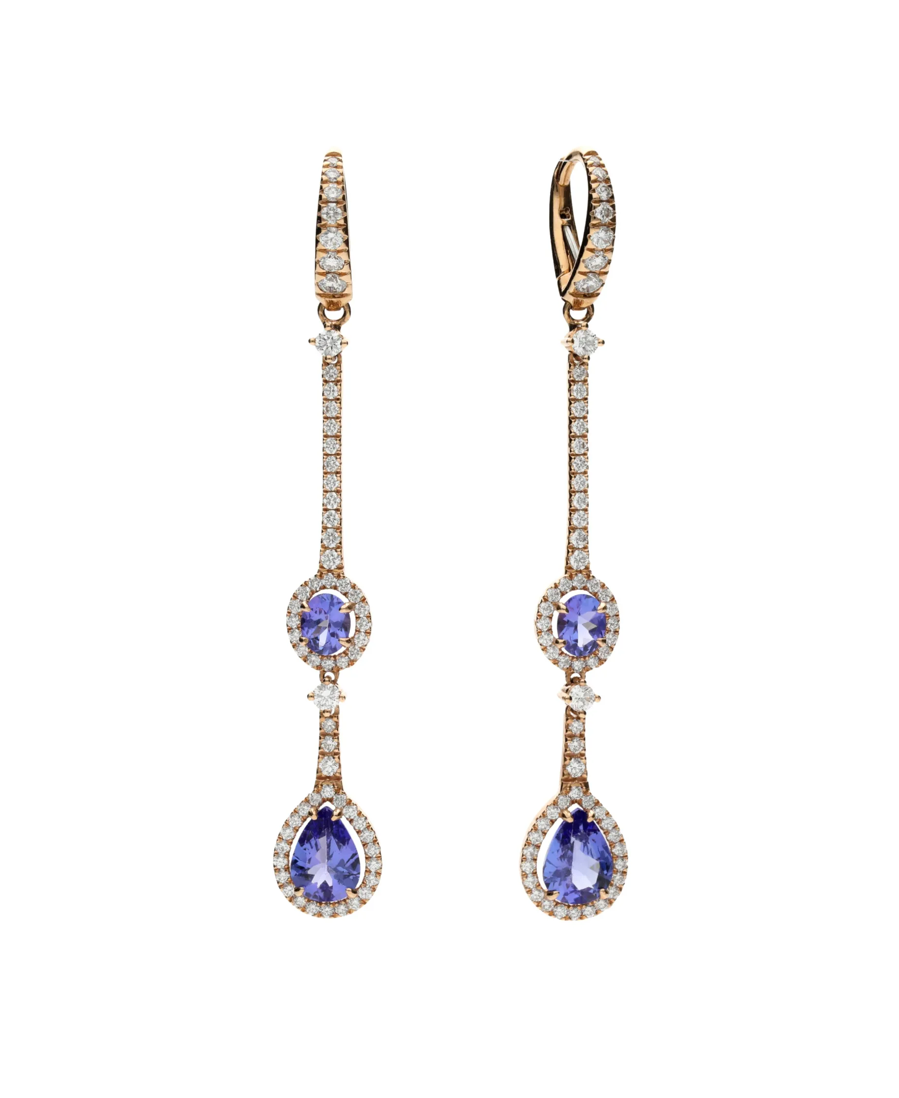 Pendientes Largos con Diamantes y Tanzanitas 2,80 cts en Oro Rosa